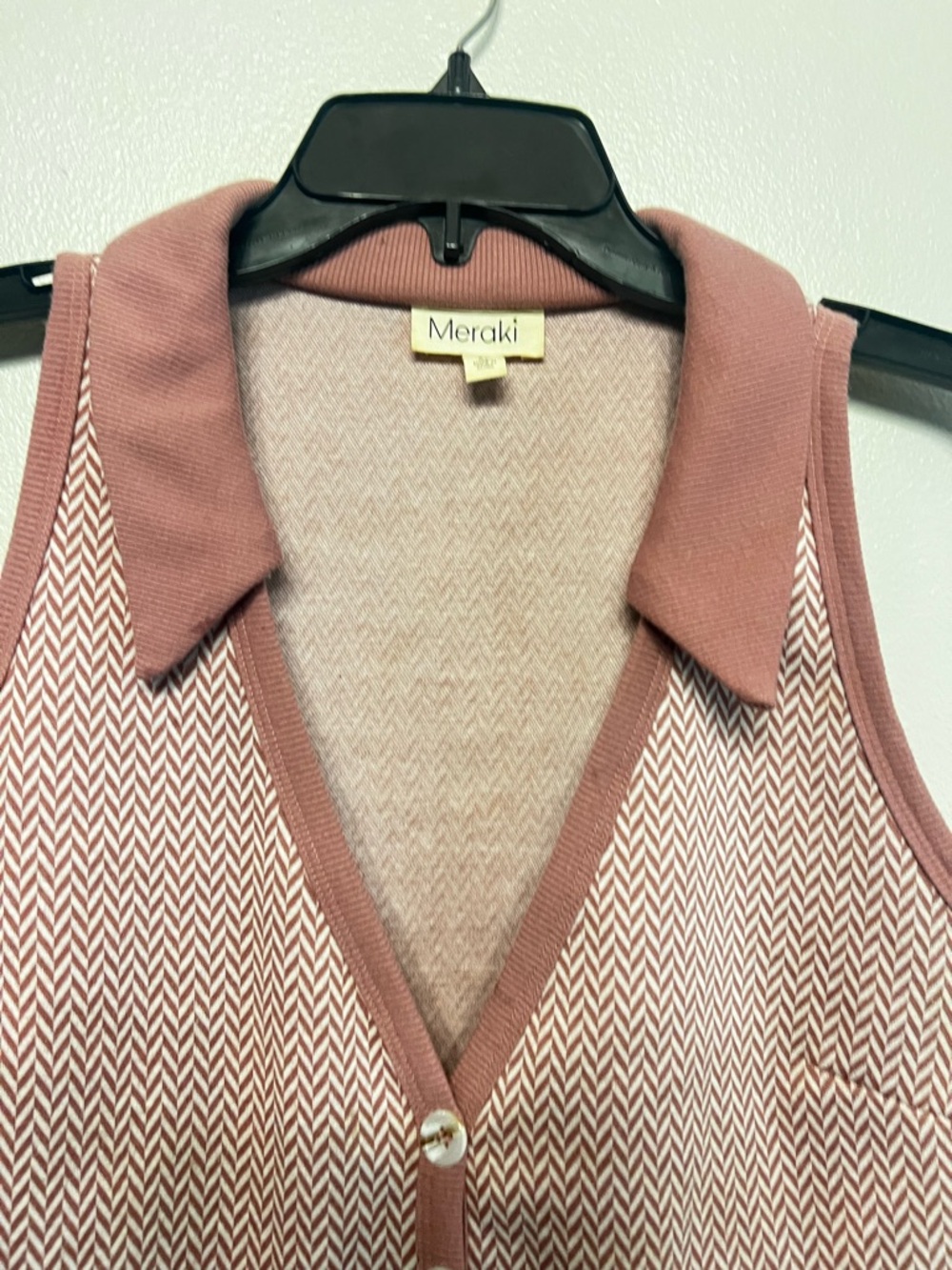 meraki Dusty Rose & Cream Herringbone Collared Crop Top V Neck Tank Vest Retro - Picture 4 of 7
